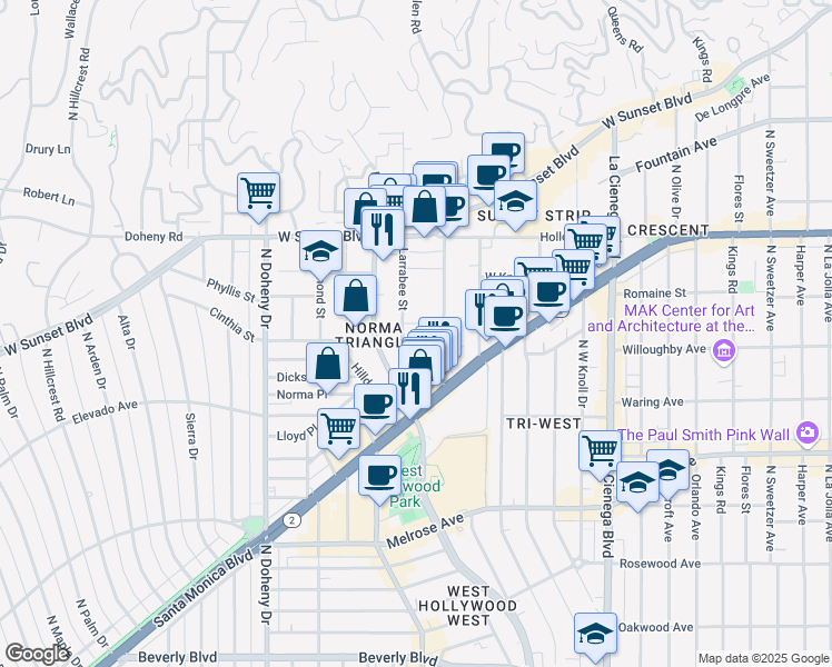 map of restaurants, bars, coffee shops, grocery stores, and more near 8833 Cynthia Street in West Hollywood
