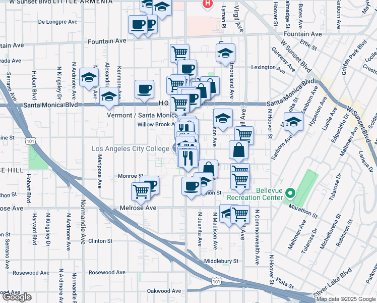 map of restaurants, bars, coffee shops, grocery stores, and more near 876 North Vermont Avenue in Los Angeles