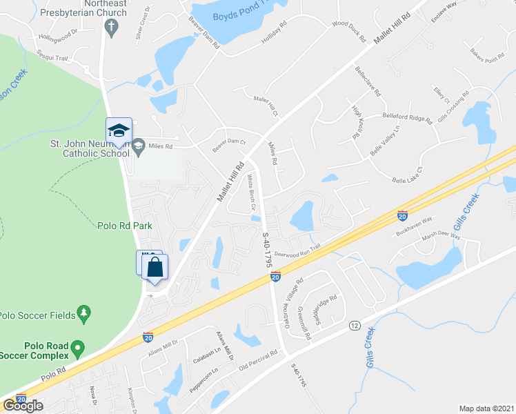 map of restaurants, bars, coffee shops, grocery stores, and more near 304 White Birch Circle in Columbia