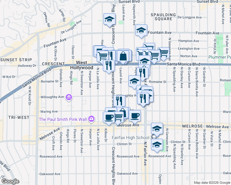 map of restaurants, bars, coffee shops, grocery stores, and more near 912 North Crescent Heights Boulevard in Los Angeles