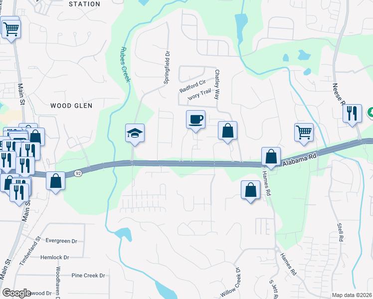 map of restaurants, bars, coffee shops, grocery stores, and more near 250 Churchill Court in Woodstock