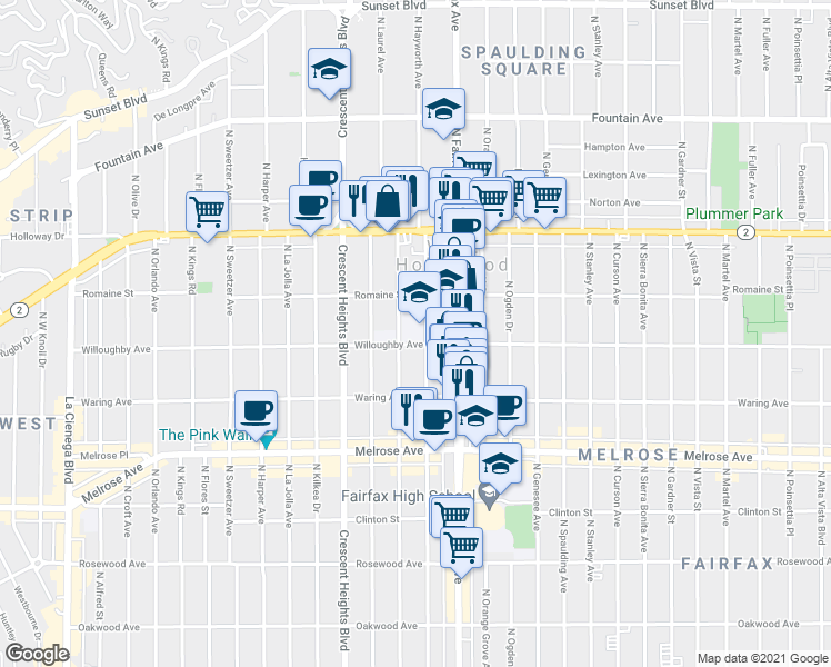 map of restaurants, bars, coffee shops, grocery stores, and more near 925 North Hayworth Avenue in Los Angeles