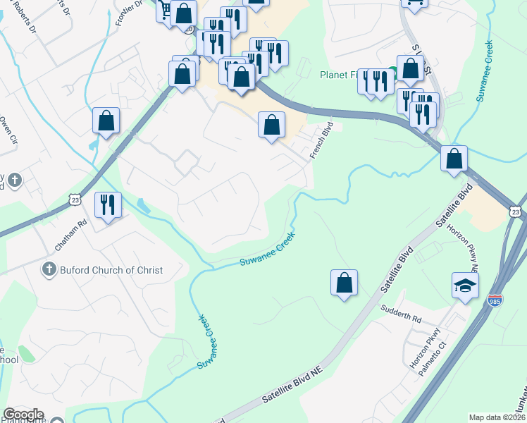 map of restaurants, bars, coffee shops, grocery stores, and more near 1588 Centerville Drive in Buford