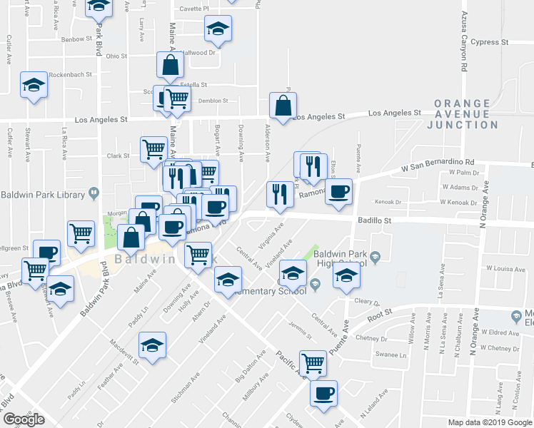 map of restaurants, bars, coffee shops, grocery stores, and more near 14752 Ramona Boulevard in Baldwin Park