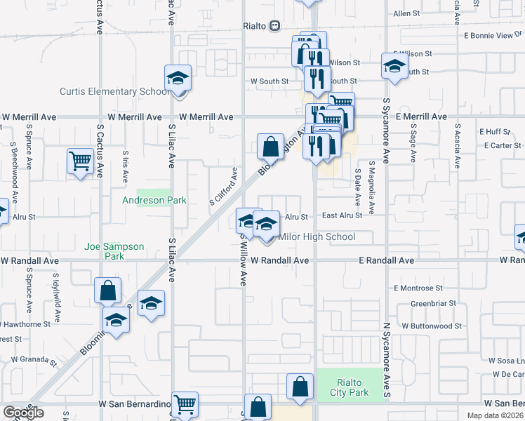 map of restaurants, bars, coffee shops, grocery stores, and more near 739 South Gardena Avenue in Rialto