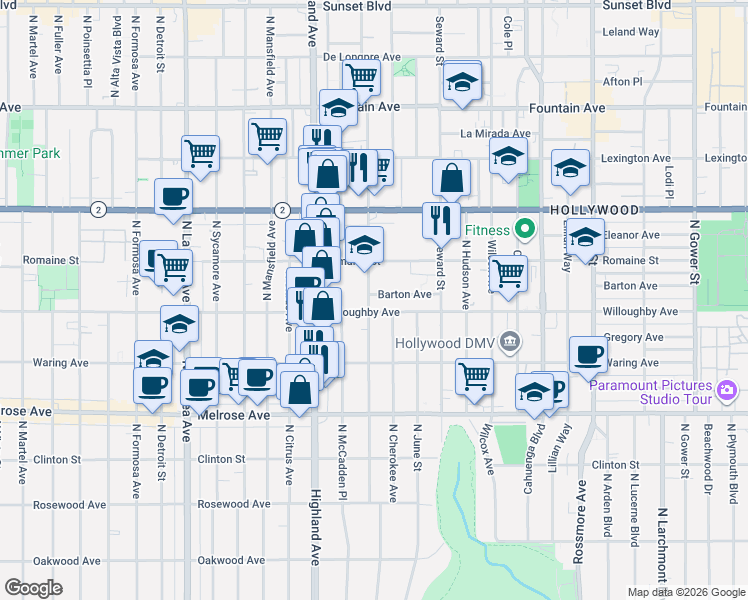 map of restaurants, bars, coffee shops, grocery stores, and more near 929 North Las Palmas Avenue in Los Angeles