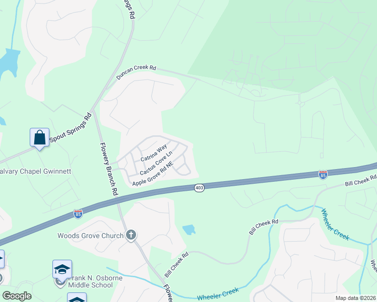 map of restaurants, bars, coffee shops, grocery stores, and more near 5586 Apple Grove Road Northeast in Buford