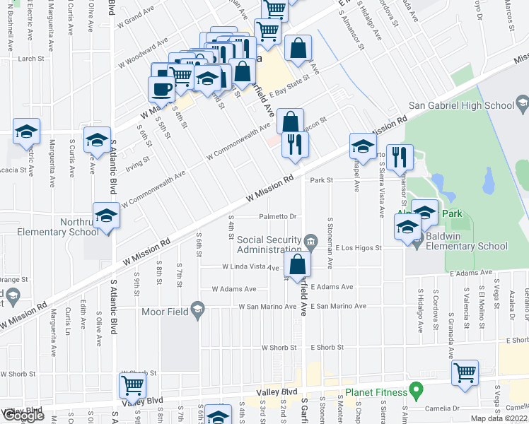 map of restaurants, bars, coffee shops, grocery stores, and more near in Alhambra