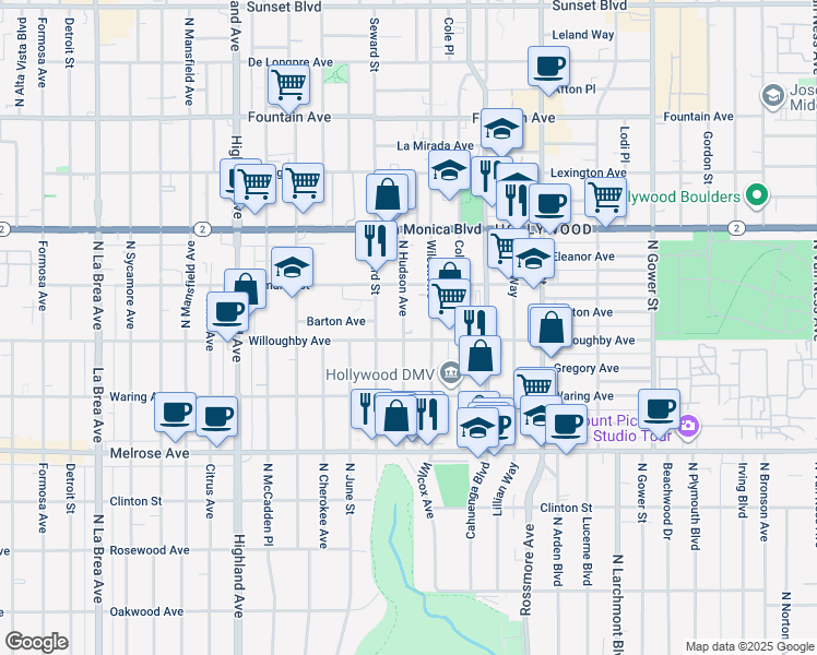 map of restaurants, bars, coffee shops, grocery stores, and more near 912 North Hudson Avenue in Los Angeles