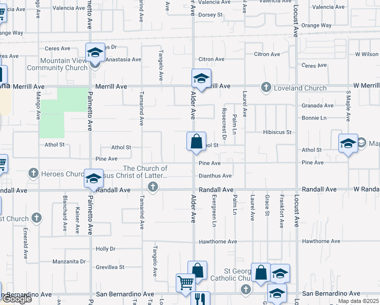 map of restaurants, bars, coffee shops, grocery stores, and more near 9158 Alder Avenue in Fontana
