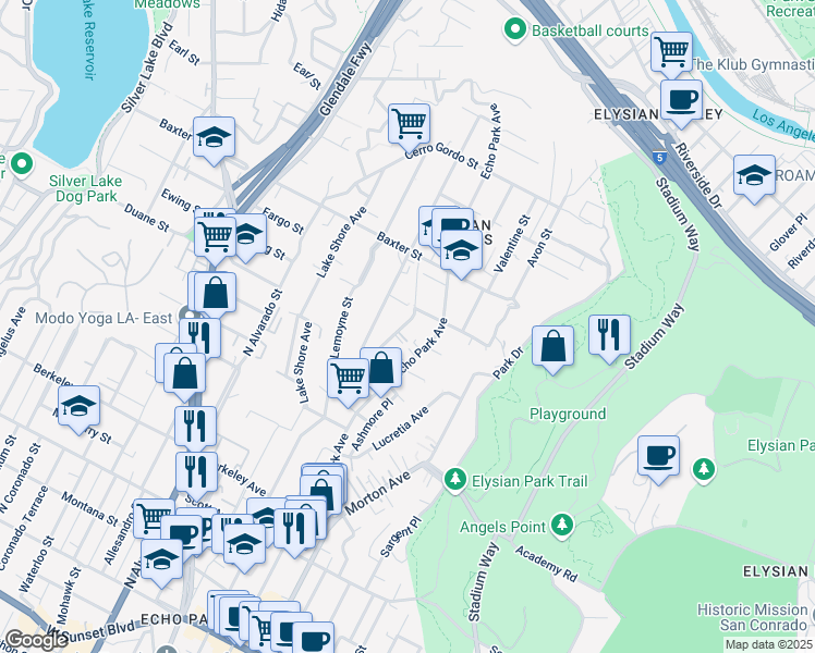 map of restaurants, bars, coffee shops, grocery stores, and more near Preston Avenue in Los Angeles