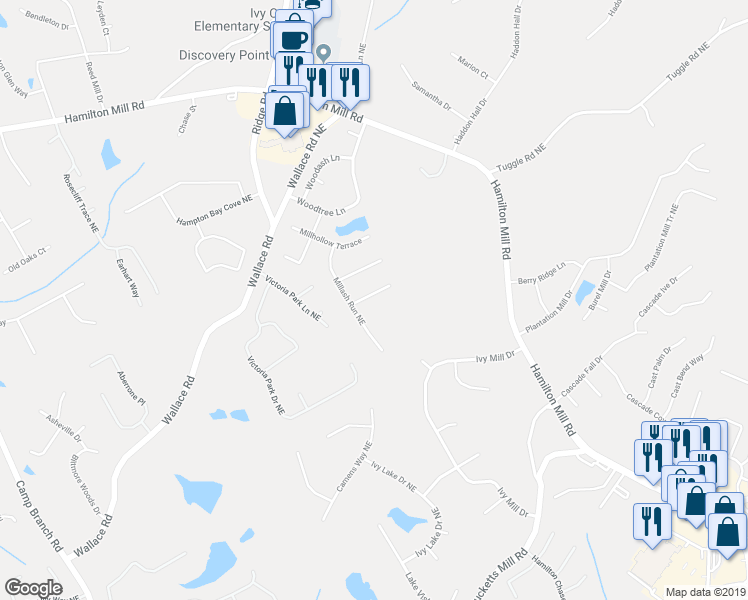 map of restaurants, bars, coffee shops, grocery stores, and more near 3035 Millpine Court Northeast in Buford