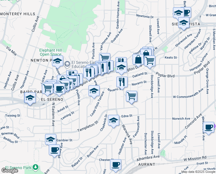 map of restaurants, bars, coffee shops, grocery stores, and more near 5147 Navarro Street in Los Angeles