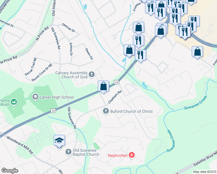 map of restaurants, bars, coffee shops, grocery stores, and more near 1180 Buford Highway in Sugar Hill