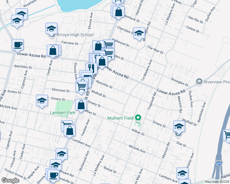 map of restaurants, bars, coffee shops, grocery stores, and more near 11716 Ranchito Street in El Monte