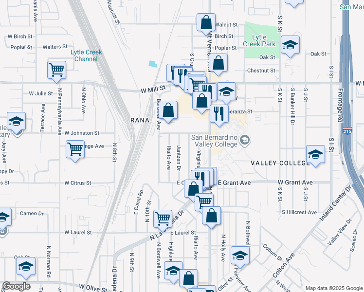 map of restaurants, bars, coffee shops, grocery stores, and more near 1720 Jantzen Drive in Colton
