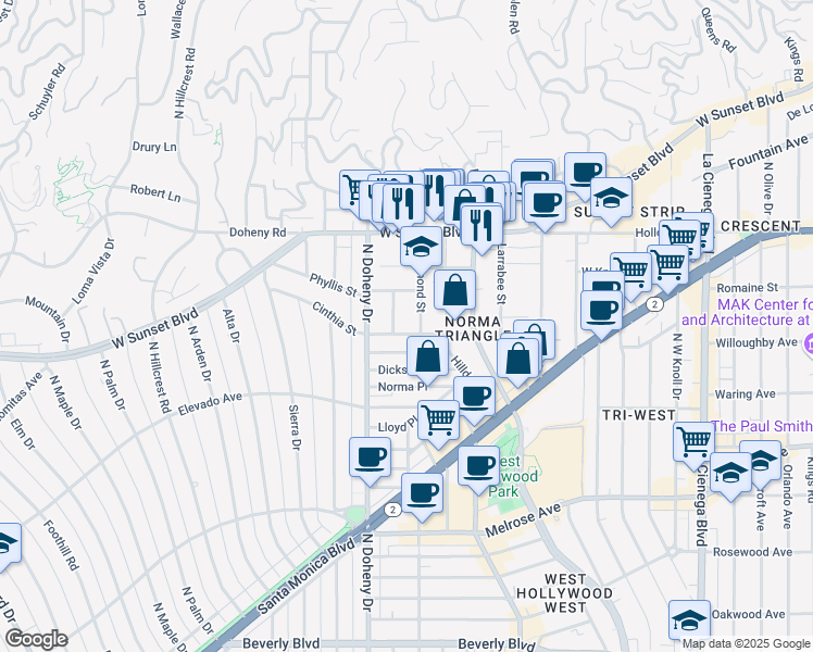map of restaurants, bars, coffee shops, grocery stores, and more near 9015 Cynthia Street in West Hollywood