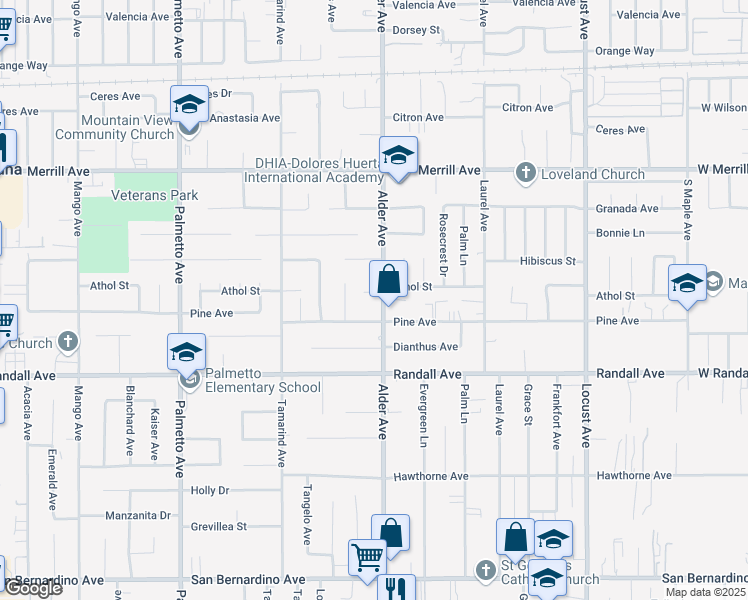 map of restaurants, bars, coffee shops, grocery stores, and more near 9158 Alder Avenue in Fontana