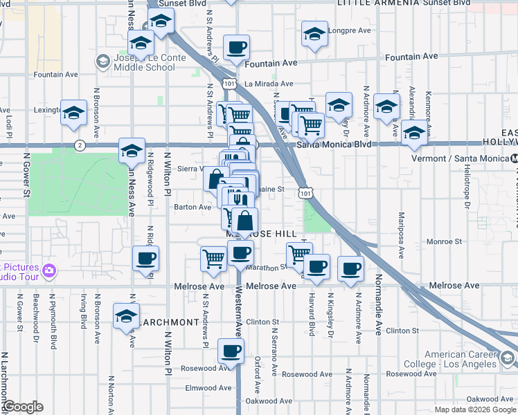 map of restaurants, bars, coffee shops, grocery stores, and more near 943 North Oxford Avenue in Los Angeles