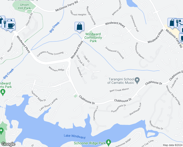 map of restaurants, bars, coffee shops, grocery stores, and more near 219 Hunley Court in Alpharetta