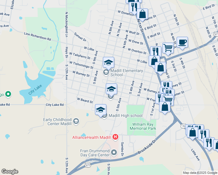 map of restaurants, bars, coffee shops, grocery stores, and more near 604 West Francis Street in Madill