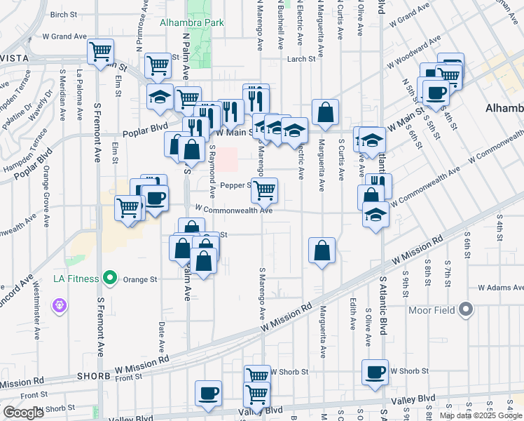 map of restaurants, bars, coffee shops, grocery stores, and more near West Commonwealth Avenue in Alhambra