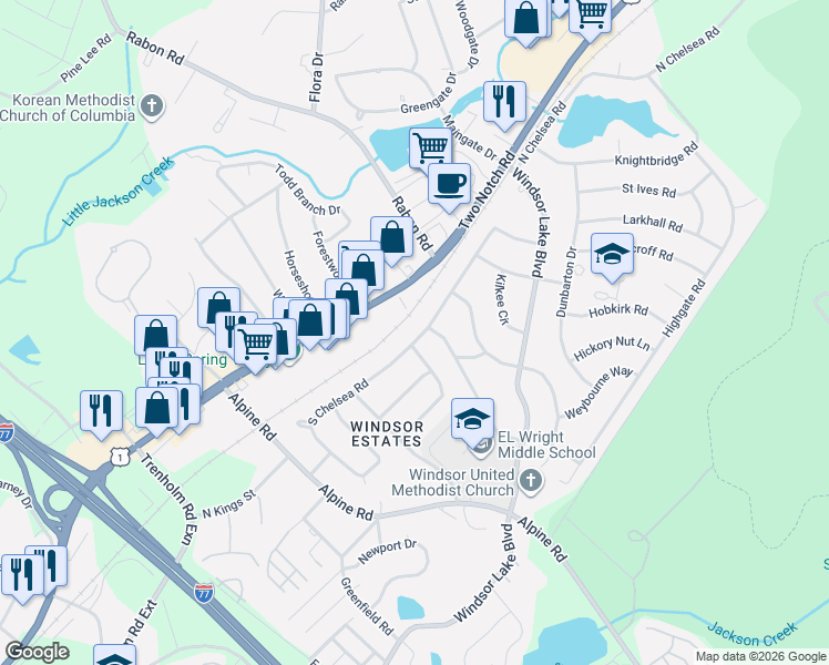 map of restaurants, bars, coffee shops, grocery stores, and more near 9605 South Chelsea Road in Columbia