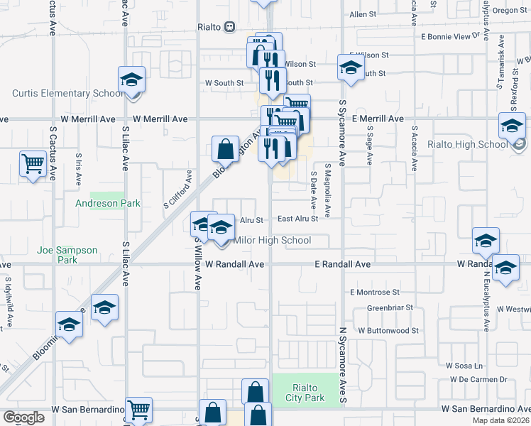 map of restaurants, bars, coffee shops, grocery stores, and more near 748 South Riverside Avenue in Rialto
