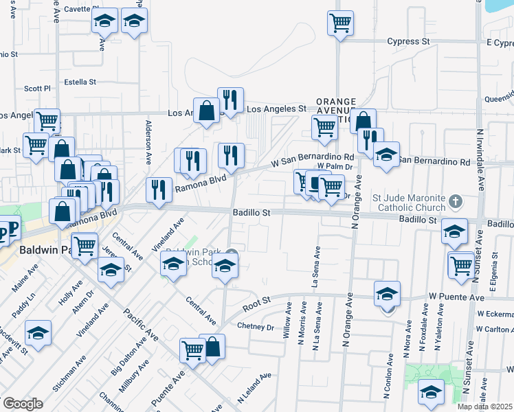map of restaurants, bars, coffee shops, grocery stores, and more near 15201 Badillo Street in Baldwin Park