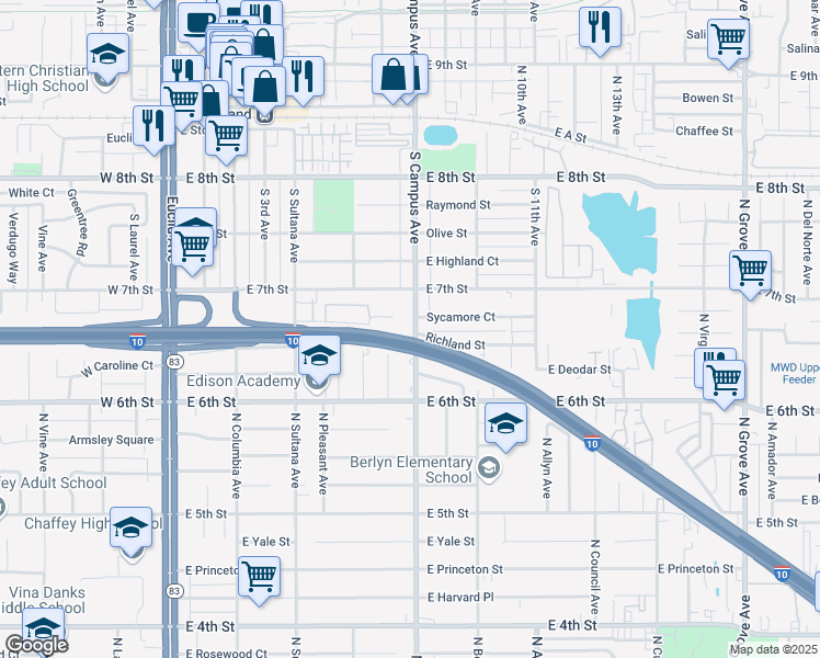 map of restaurants, bars, coffee shops, grocery stores, and more near 455 South Campus Avenue in Upland