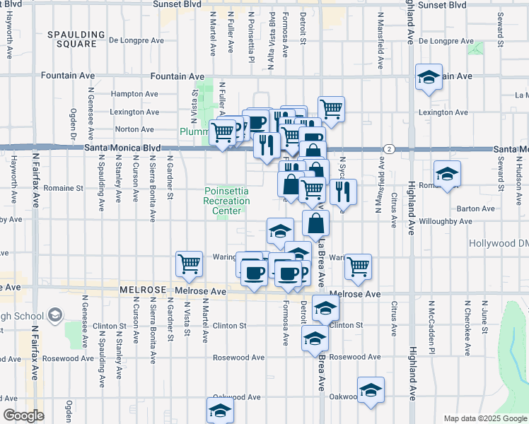 map of restaurants, bars, coffee shops, grocery stores, and more near 7215 Willoughby Avenue in Los Angeles