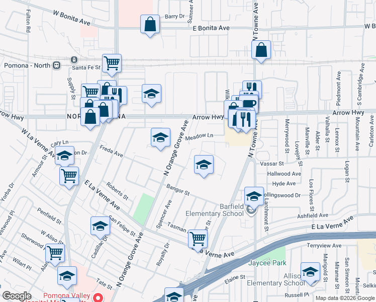 map of restaurants, bars, coffee shops, grocery stores, and more near 2285 Spencer Avenue in Pomona
