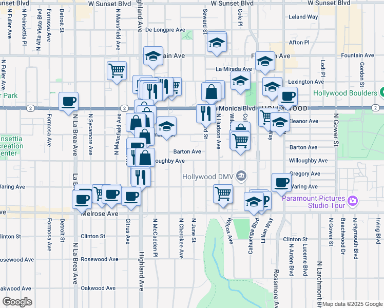 map of restaurants, bars, coffee shops, grocery stores, and more near 6552 Barton Avenue in Los Angeles