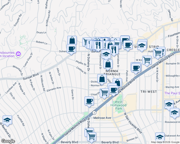 map of restaurants, bars, coffee shops, grocery stores, and more near 906 North Doheny Drive in West Hollywood