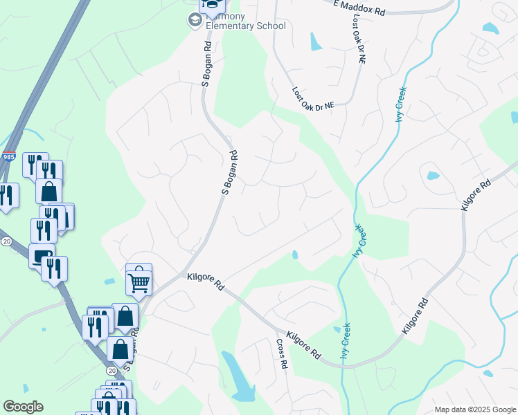 map of restaurants, bars, coffee shops, grocery stores, and more near 2262 Silver Fox Lane in Buford