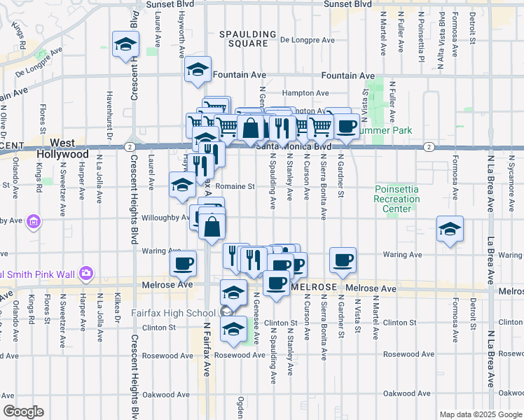 map of restaurants, bars, coffee shops, grocery stores, and more near 907 North Spaulding Avenue in West Hollywood