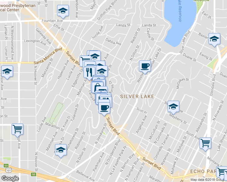 map of restaurants, bars, coffee shops, grocery stores, and more near 1438 Murray Drive in Los Angeles