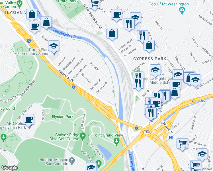 map of restaurants, bars, coffee shops, grocery stores, and more near 2338 Elmgrove Street in Los Angeles