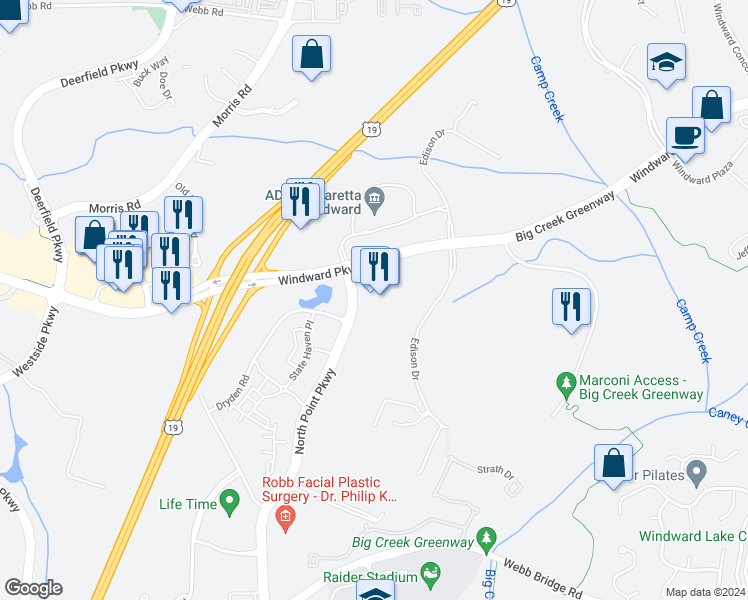 map of restaurants, bars, coffee shops, grocery stores, and more near 300 North Point Pkwy in Alpharetta