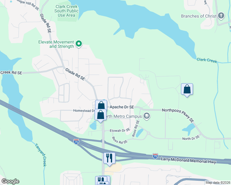 map of restaurants, bars, coffee shops, grocery stores, and more near 204 Kiowa Court Southeast in Acworth