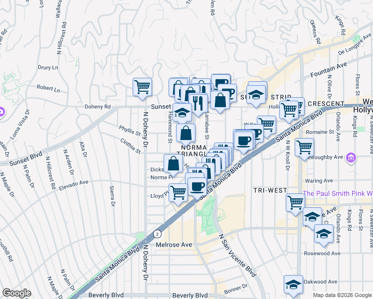 map of restaurants, bars, coffee shops, grocery stores, and more near 8917 Cynthia Street in West Hollywood