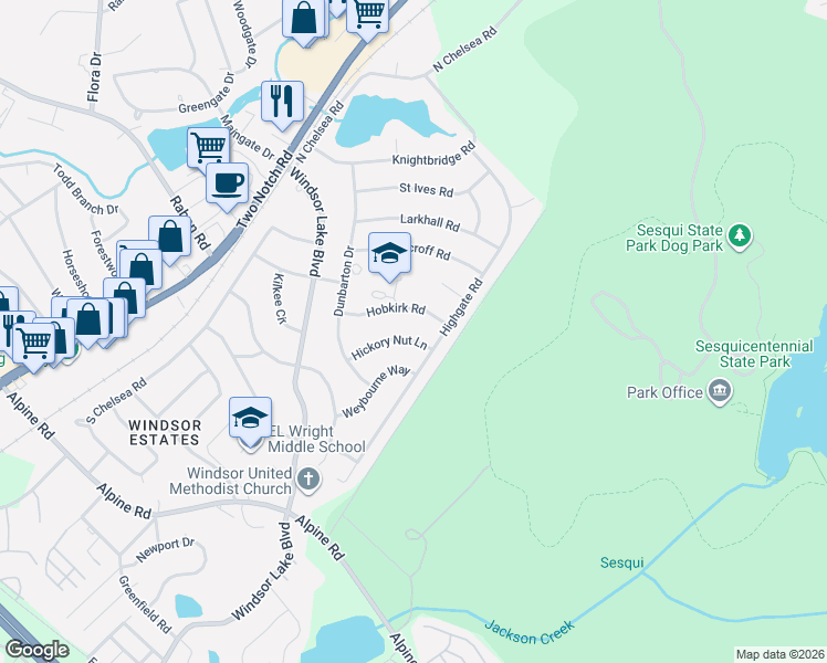 map of restaurants, bars, coffee shops, grocery stores, and more near 9627 Highgate Road in Columbia