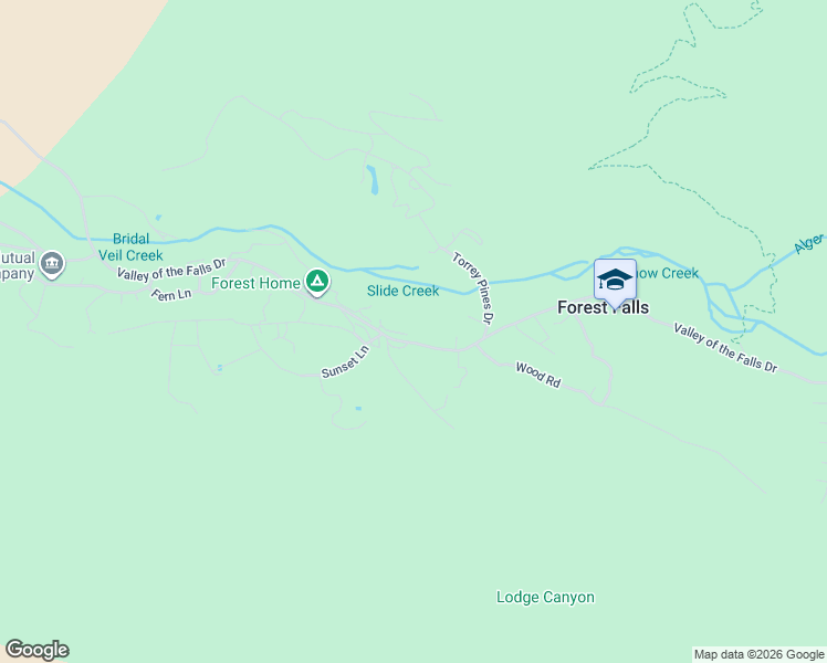 map of restaurants, bars, coffee shops, grocery stores, and more near 40180 Valley of the Falls Drive in Forest Falls