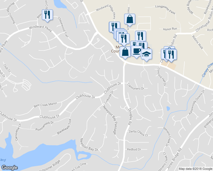 map of restaurants, bars, coffee shops, grocery stores, and more near 2815 Gleneagles Pointe in Alpharetta