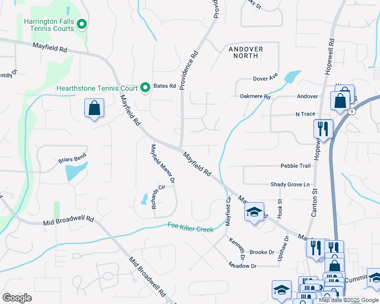 map of restaurants, bars, coffee shops, grocery stores, and more near 1830 Mayfield Road in Alpharetta