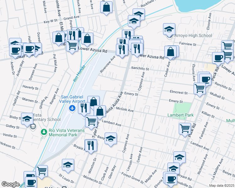 map of restaurants, bars, coffee shops, grocery stores, and more near 4459 Santa Anita Avenue in El Monte