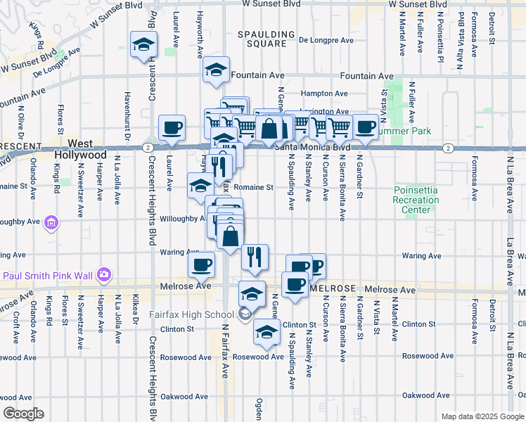 map of restaurants, bars, coffee shops, grocery stores, and more near 910 North Ogden Drive in West Hollywood