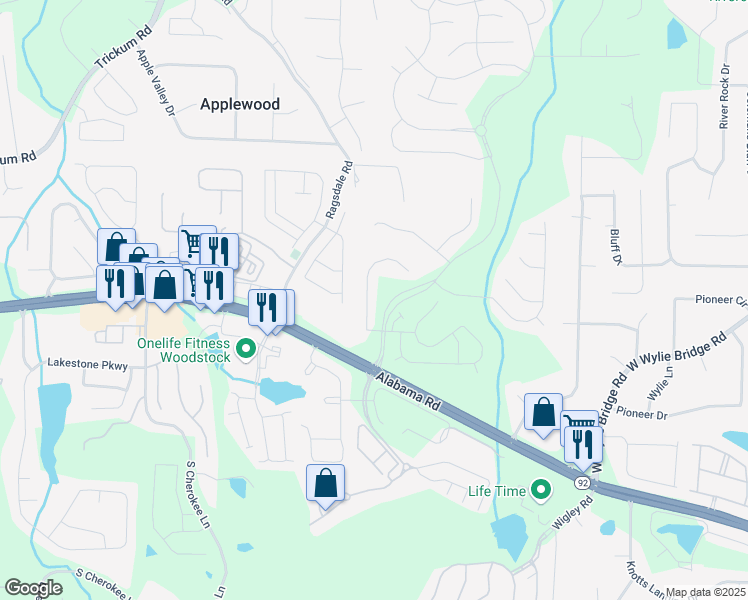 map of restaurants, bars, coffee shops, grocery stores, and more near 108 Normandy Drive in Woodstock