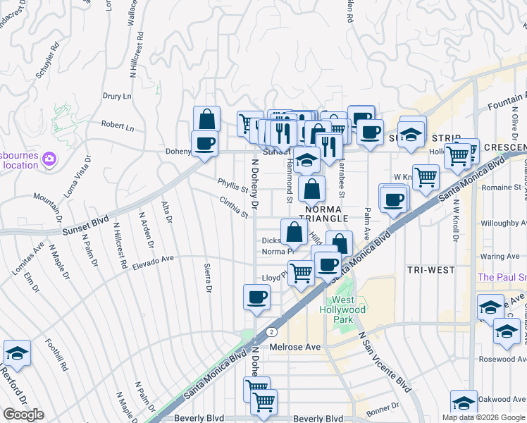 map of restaurants, bars, coffee shops, grocery stores, and more near 906 North Doheny Drive in West Hollywood