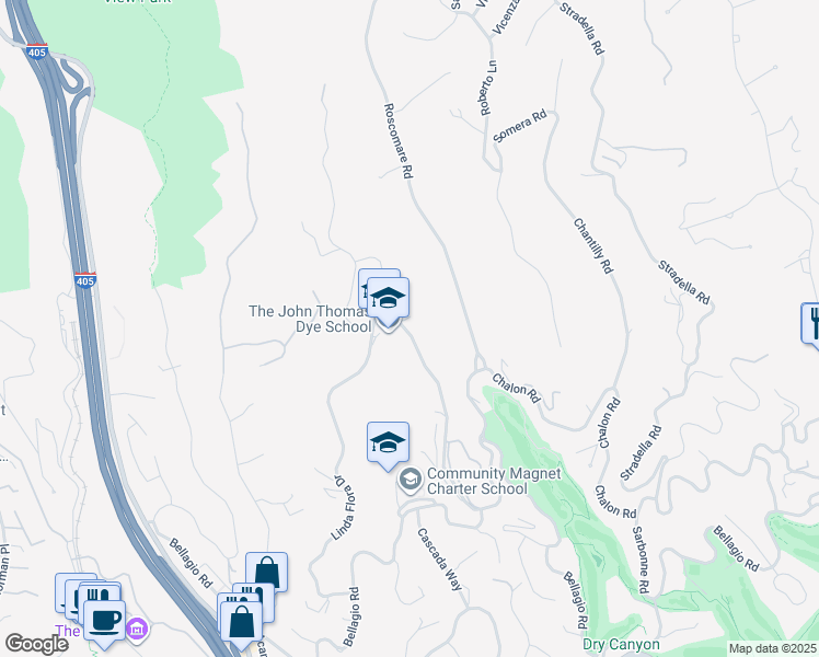 map of restaurants, bars, coffee shops, grocery stores, and more near 11365 Chalon Road in Los Angeles